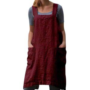Cotton Linen Apron Cross Back Apron for Women with Big Pockets Square Pinafore D